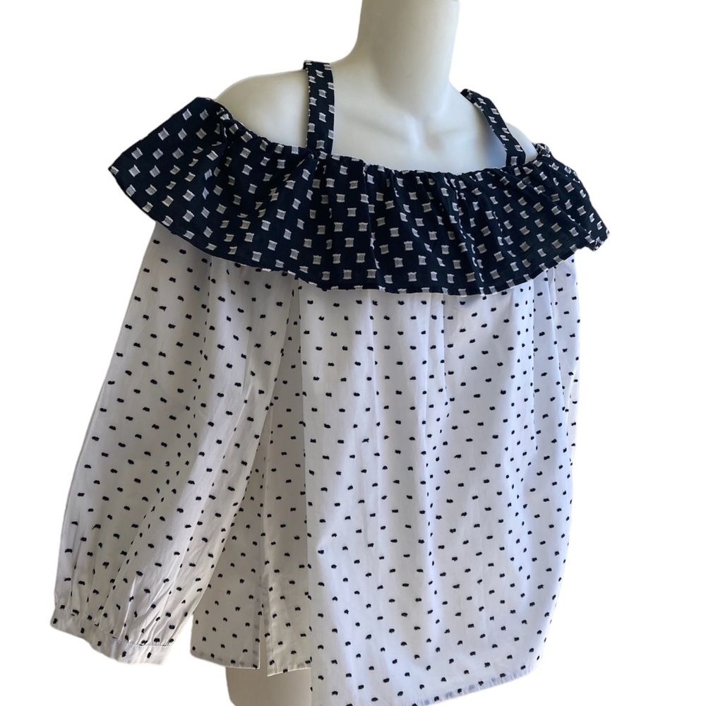 NWT Loft S or M Off the Shoulder Top Black White 3/4 Sleeves 100% Cotton - Picture 2 of 5
